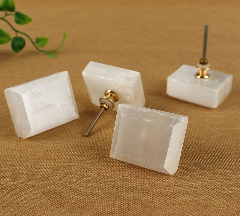 JIC Gem 4pcs White Square Cabinet Knobs Selenite Crystal Stone Handle Pulls Large for Drawer Kitchen Cabinets Wardrobe - Image 1